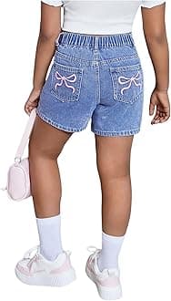 MakeMeChic Girl's Denim Shorts Bow Embroidery Straight Leg Bermuda Jean Shorts with Pockets