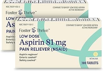 Foster & Thrive Aspirin Low Dose 81 mg, Enteric Coated Tablets, Doctor Recommended, Secondary Prevention of Cardiovascular Disease, 300 Coated Tablets (Pack of 2)