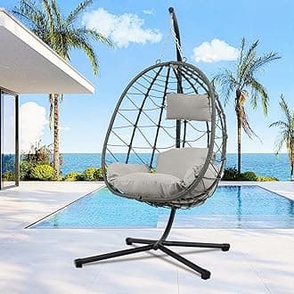 Egg Chair Indoor Outdoor, Foldable Hanging Egg Chair with Stand, Patio Swing Egg Chairs, UV Resistant Removable &Washable Thicken Padded Cushions, 350LBS Capacity for Bedroom, Balcony, Grey