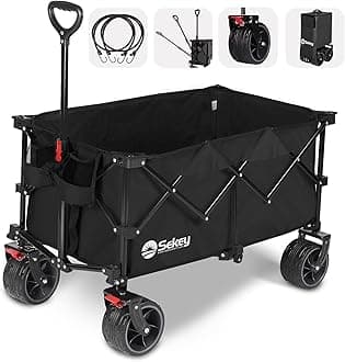 Sekey 220L Collapsible Foldable Wagon with 330lbs Weight Capacity, Heavy Duty Folding Utility Garden Cart with Big All-Terrain Beach Wheels & Drink Holders. Black