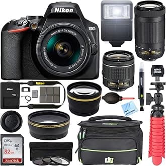 Nikon D3500 DSLR Camera w/AF-P DX 18-55mm VR and 70-300mm Double Zoom Lens Bundle with Travel Case, Wide Angle Lens, Telephoto Lens, Filter Sets, 32GB Memory Card and Accessories (11 Items)