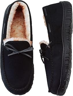 Mens Moccasin Slippers with Memory Foam Arch Support, Non Slip Rubber Sole House Shoes for Men Machine Washable Warm Fleece Lined Indoor Outdoor Home Shoes