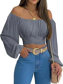 MIRACMODAWoman Off Shoulder Ruched Tie Back Crop Top Summer Lantern Sleeve Boho Shirt Blouse