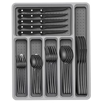 49-Piece Black Silverware Set with Organizer, Heavy Duty Stainless Steel Flatware for 8, Cutlery Utensil Sets with Steak Knives, Rust-proof, Mirror Polished, Dishwasher Safe, Black Heavy Duty