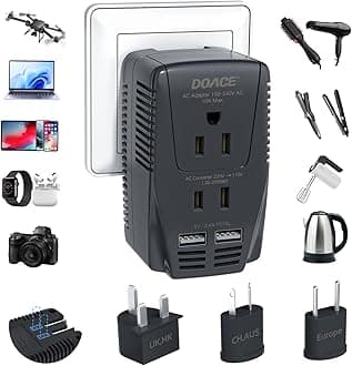 2018 Upgraded DOACE C11 2000W Voltage Converter for Hair Dryer, Hair Straightener, Flat Iron, Set Down 220V to 110V International Travel Transformer with 2-Port USB Charging, UK/AU/US/EU Plug Adapter
