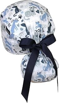 Scrub Cap for Women and Men, Ponytail Scrub Caps, Working Hat, Head Cover with Ribbon Ties and Buttons, Long Hair