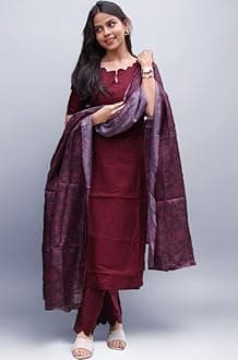 Women's Roman Silk Straight Cut Kurti Pant with 3/4th Sleeves Round Neck Regular Fit calf Length and Dupatta Set