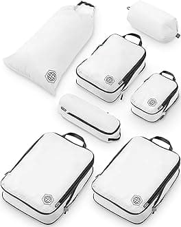 TRIPPED Travel Gear Extra Large Compression Packing Cubes for Travel-Extra Large Packaging Cube Luggage Organizers 7 Piece Set-Ultralight, Expandable/Compression Bags for Clothes (White/Grey)