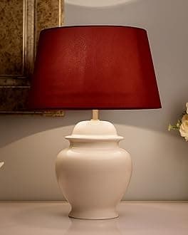 Homesake Antique Ceramic Pot Shaped Base Table Lamp with Shade, Vintage Night Lamp Decoration, Home Decor Items | Pack of 1 -Red