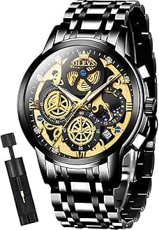 OLEVSMens Skeleton Watch Chronograph Luxury Diamond Dress Business Analog Quartz Wrist Watches Stainless Steel Waterproof Luminous Moon Phase