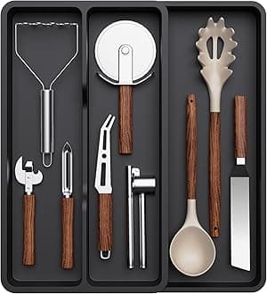 Lifewit Cutlery Tray for Drawers, Kitchen Utensil Holder Expandable to 36.5 cm, Narrow Drawers Organiser Kitchen Depth 40 cm, Plastic Utensil Stand for Spatula/Knife/Spoon, Black