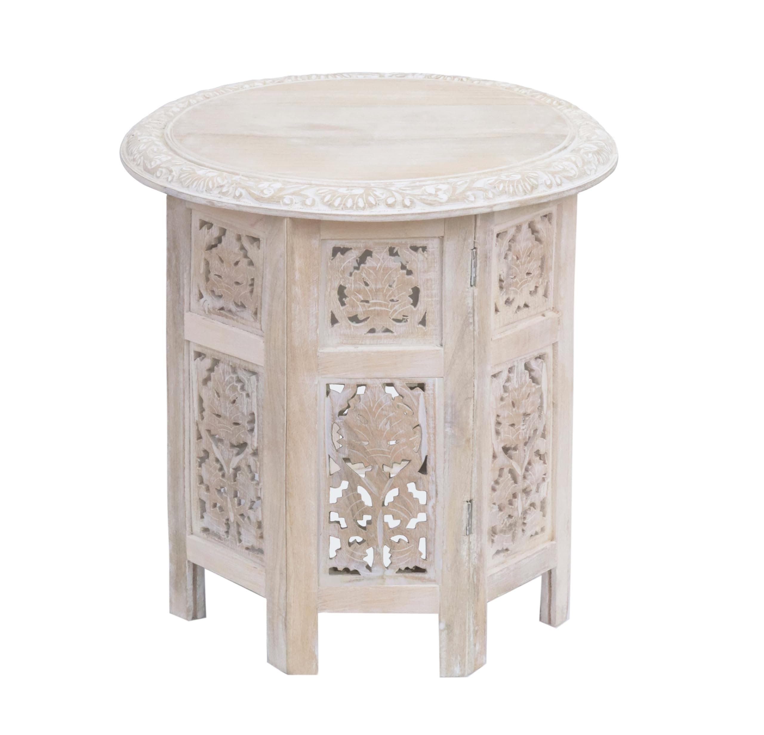 COTTON CRAFT Solid Wood End Table - Hand Carved Vintage Boho Folding Accent Side Table - Small Spaces - Entryway Farmhouse Living Room Bedside - No Tools Assembly - 18x18 Round - White Wash