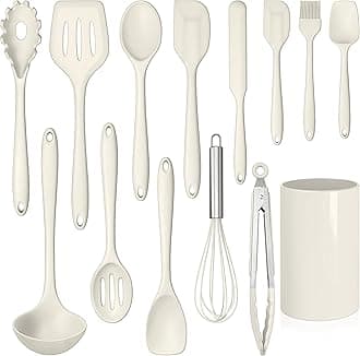 LIANYU 14 Pcs Kitchen Utensils Set with Holder, Silicone Cooking Utensils Spatula Set, Heat Resistant Cookware Tools Includes Spoon Turner Whisk Tong, Dishwasher safe, Cream White
