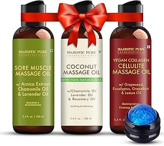 Majestic Pure Sore Muscle & Coconut Massage Oil Set 100 ml Each - Refreshing & Relaxing Massage Therapy Oil, Natural Oils, Includes Massage Roller, for Men & Women