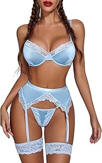 Avidlove Lingerie for Women Underwire Bra and Panty Sets 5 PCS Satin Lace Lingerie Set with Garter Belts