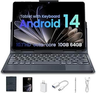 Tablet, Android 14 Tablets, 64GB + 10 (4 + 6 Expand) GB 512 GB Expandable, Octa-Core Tablet with WiFi, 8000 mAh Battery, 10.1 Inch Tablet with 800 MP Camera, Tablet with Keyboard Cover,