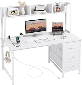 DLisiting White Computer Desk with Hutch & Drawers - Office Desk with 3 Storage Drawers and Power Outlets, 47 Inch Modern Study Writing Desk for Bedroom Home Office