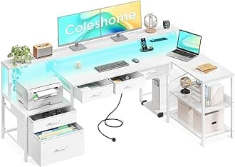 Coleshome 175x100 cm Corner Desk with Drawers, Reversible L Shaped Desk with LED lights & Power Outlet, Home Office Desks with Monitor Shelf, Large Computer Table with Storage Shelf, White