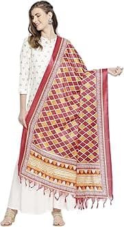 Dupatta Bazaar Women's Red & Yellow Printed Silk Dupatta, Red, Medium