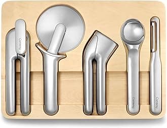 Kitchen Gadget Set - 5 Piece Kitchen Essentials - Stainless Steel - Includes Can Opener, Pizza Cutter, Garlic Press, Ice Cream Scoop, Vegetable Peeler, and Storage Organizer