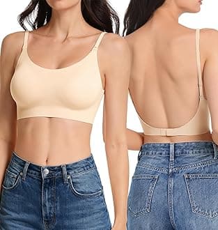 Low Back Bra Seamless Multiway Bralette - Scoop Neck Backless Bras for Women Padded Spaghetti Thin Strap Wireless Bra