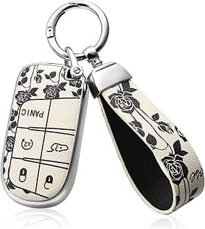 TPU and Leather Key Fob Cover Full Protection Suitable for Dodge,Key Cover Case for Jeep Grand Cherokee Renegade Compass 3 4 5 Buttons Smart Key Car Accessories Holder Protector (White Rose)