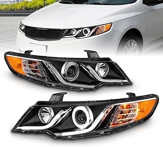 AmeriLite for 2010-2013 Forte Koup Dual LED Halos + Tube Black Replacement Projector Headlights Pair - Passenger and Driver Side
