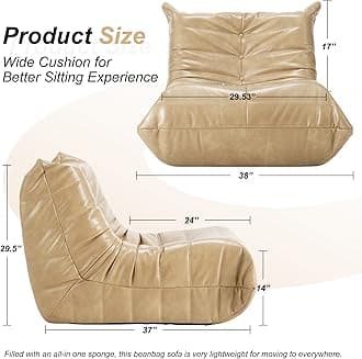 Hobestluk Bean Bag Chair Giant Bean Bag Sofa Memory Foam Bean Bag Chairs for Adults, Bean Bag Couches Faux Leather Bean Bag Chairs for Living Room Bedroom Dorm Office (Khaki)
