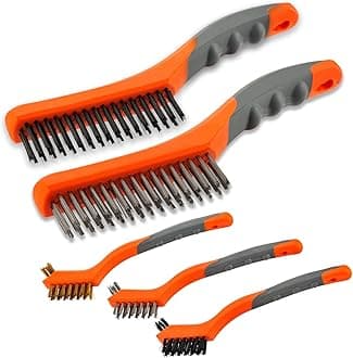 Wire Brush Set 5PCS, Nylon/Brass/Stainless Steel/Carbon Steel Bristles Wire Scratch Brush with Curved Rubber Handle for Cleaning Rust, Corrosion, Dirt, Paint Scrubbing, Deep Detailing Cleaning, Orange