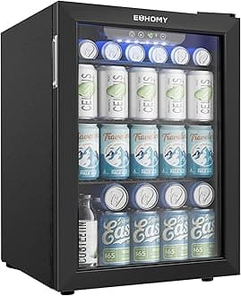 EUHOMY 100 Can Beverage Refrigerator cooler-Mini Fridge Glass Door for Beer Drinks Wines, Freestanding Beverage Fridge with Adjustable Shelves Blue LED for Home/Office/Dorm/Bar, 2.7 cu.ft