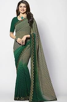 RAJESHWAR FASHION WITH RF Women's Checkered Printed Georgette Fancy Sarees For Festival Jacquard Lace Border Work With Banglori Silk Unstitched Blouse Piece(6.30 Mtr)