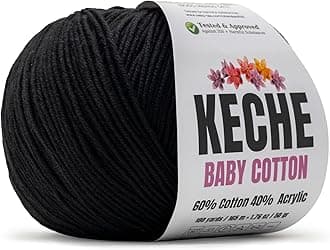 Keche Cotton Yarn, 60% Cotton 40% Acrylic Yarn, Soft Cotton Yarn for Crochet and Knitting, Amigurumi Yarn 1 Skein/Ball 1.76 Oz (50g) / 180 Yrds (165m) - Black