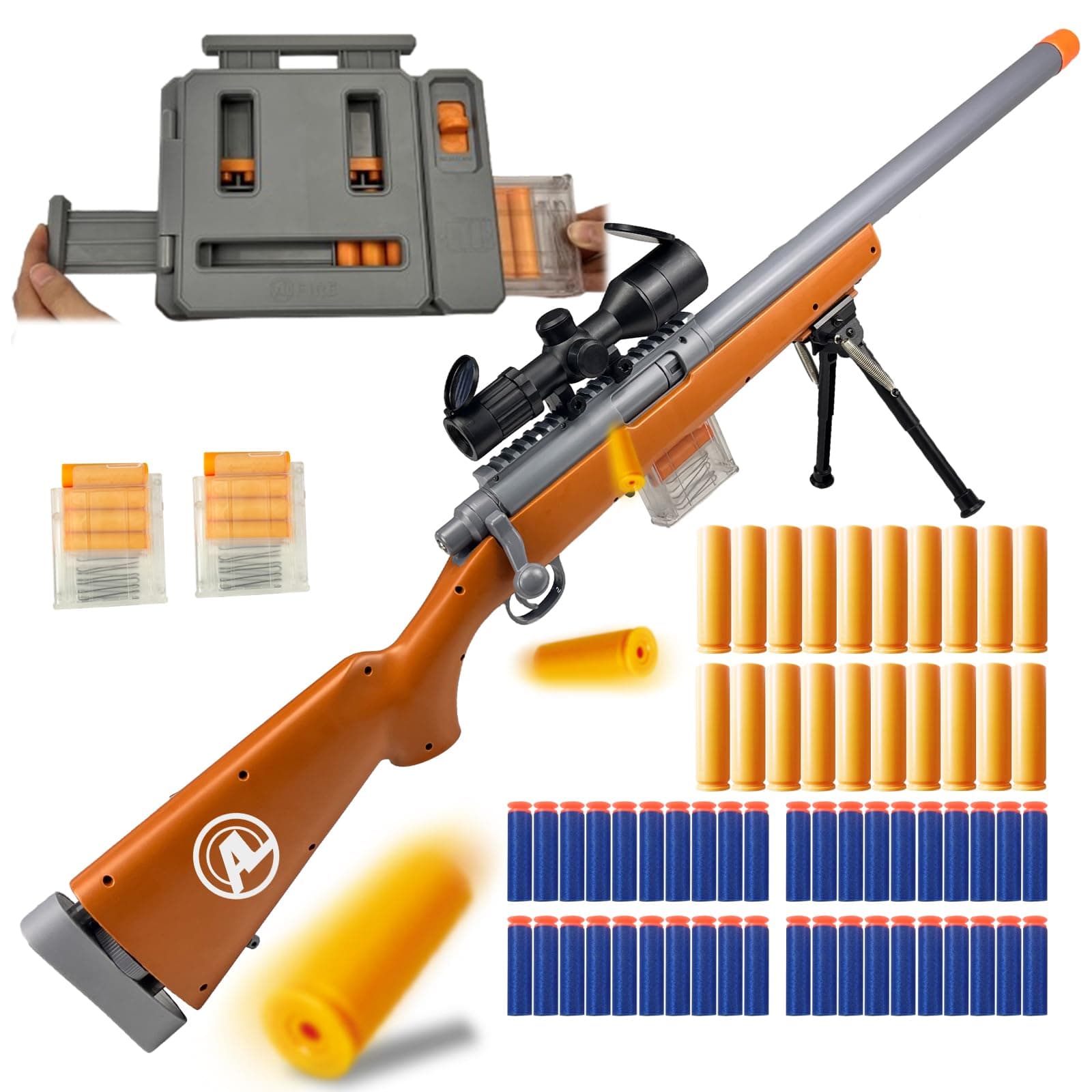 AGM MASTECH M24 Foam Blaster, Shell Ejecting, Safety Switch, Adjustable Stock 41.8 Inch, Fast Dart Loader, Scope, 40 Darts, 20 Casings, 2 Mags, Tactical Gear for Teens 14+ Adults(Brown)