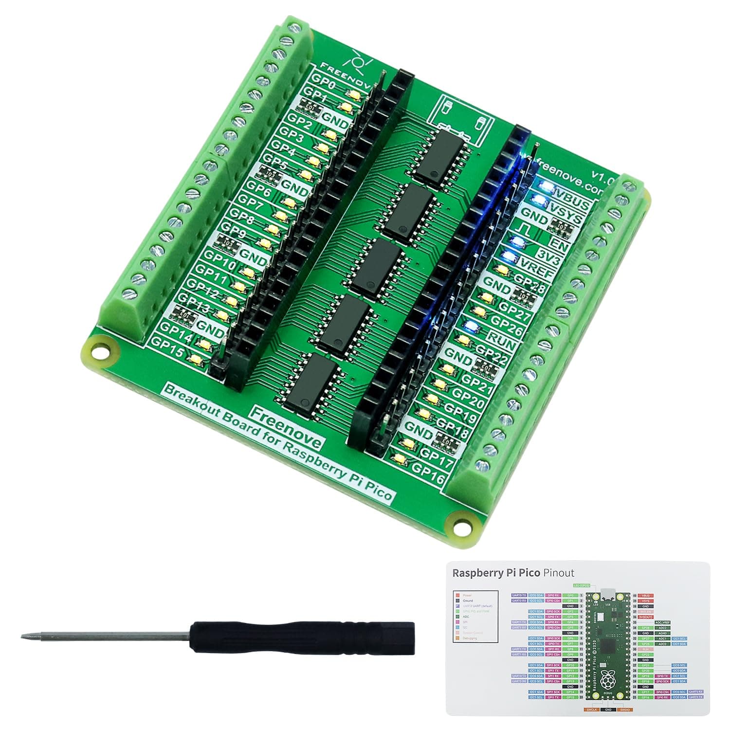 Breakout Board for Raspberry Pi Pico/Pico H/W, Terminal Block Shield With Pin Header, GPIO Status LED