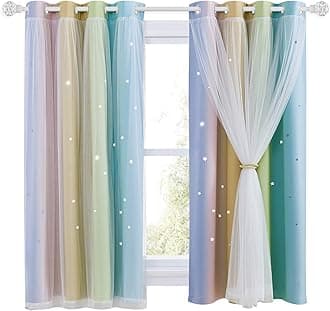 NICETOWN Rainbow Curtains for Kids - Star Cut Out Double Layer Blackout Curtains with Voile Thermal Privacy Protection for Nursery Bedroom Living Room, 2 Panels, W34 x L63 Inch (86x160 cm),Rainbow