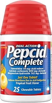 Complete Acid Reducer + Antacid for Acid Reflux, 10mg Famotidine, 800mg Calcium Carbonate & 165mg Magnesium Hydroxide per Heartburn Tablet, Antacid Chews, Tropical Fruit, 25 ct