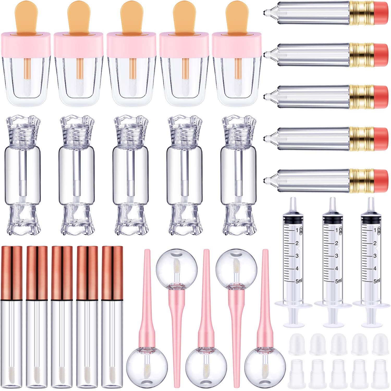 Maitys 30 Pcs Lip Gloss Tubes Tools Set, 5 Styles Empty Lip Gloss Tubes Include Ice Cream Candy Lollipop Pencil Cylinder Shaped Lips Balm Containers with 5 Plastic Syringe for Lipgloss Making Kit DIY