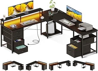 66" L Shaped Computer Desk, 113“ Reversible Home Office Desk with File Cabinet & 4 Fabric Drawers, Two Person Desk with LED Lights & Power Outlet, Corner Gaming Desk with Monitor Shelf, Black