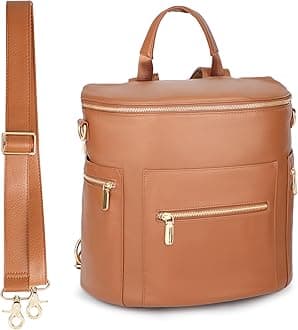 miss fong Diaper Bag Backpack Baby Diaper Bag, Large Leather Diaper Backpack with 16 Pockets Travel Diaper Bag with Diaper Changing Pad, Stroller Straps & 2 Insulated Pockets (Regular, Cognac)