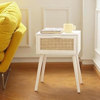 White Rattan Nightstand, Modern Bedside Table with Rattan Drawer, End Table with Storage and Solid Wood Legs for Bedroom Living Room Small Space (White)