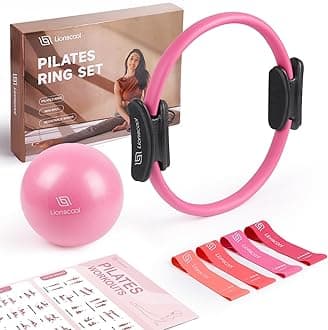 – LIONSCOOL Pilates Ring Set - Premium14”Magic Circle with Dual Padded Handles - Includes Pilates Mini Ball & Highly Elastic Resistance Bands & Workout Guide & Bag