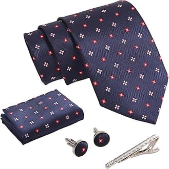 Mens Striped Plaid Polka Dot Tie Formal Necktie Pocket Squares Ties Clips Cufflinks Classic for Men Set