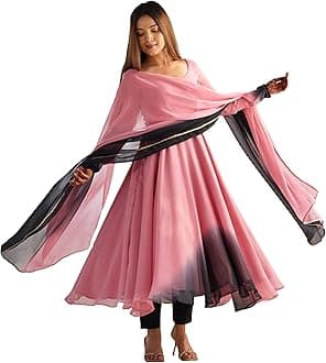 GoSriKi Women's Georgette Anarkali Kurta Set with Dupatta | Elegant Pink Ethnic Dress | Flared Long Kurti for Festive