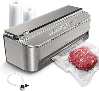 Mesliese Vacuum Sealer Machine, 85kPa 120W Automatic Food Sealer, Powerful Sealing System, Build-in Cutter | Bags Storage | Moist Mode and Air Suction Hose (Stainless Steel)