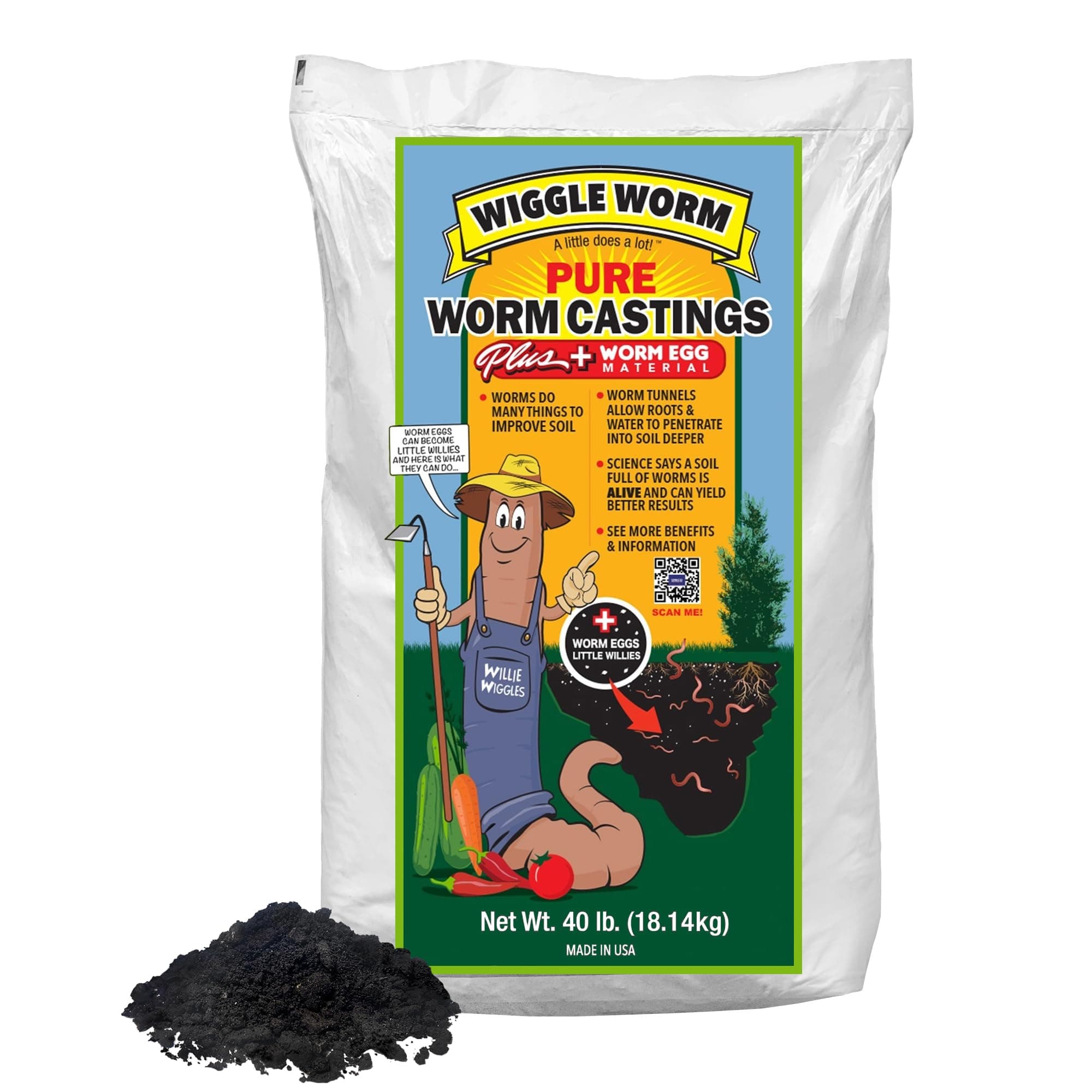 Wiggle Worm 100% Pure Worm Castings Plus Worm Egg Material, 40lbs - Fertilizer and Soil Amendment for Indoor and Outdoor Gardening to Improve Soil Fertility and Aeration - 100% Organic and Odor Free