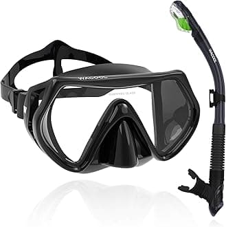 WACOOL Professional Snorkeling Snorkel Diving Scuba Package Set with Anti-Fog Coated Glass Purge Valve and Anti-Splash Silicon Mouth Piece for Men Women (Adults,Black)