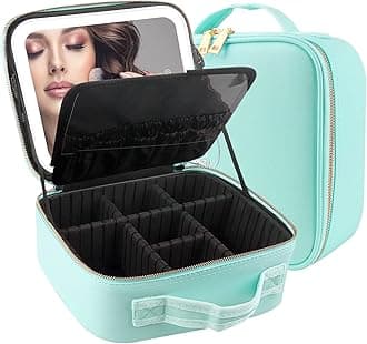 MOMIRA Travel Makeup Bag Cosmetic Bag Makeup Organizer Bag with Lighted Mirror, Adjustable Brightness in 3 Color Scenarios, Waterproof Makeup Train Case, Gift for Women - Green