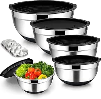 14-Pc Mixing Bowls With Airtight Lids | Stainless Steel Mixing Bowls Set With 3 Grater Attachments | 5 Sizes With Non-Slip Silicone Bottom, Fit As Baking Gift Or Kitchen Cereal Salad