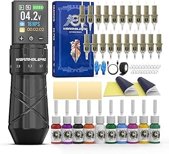 WORMHOLE PRO Tattoo Gun Tattoo Kit with 2,300 mAh Capacity Battery, 5 Adjustable Stroke, Normal/Jump-Start/Dot Working Mode, Wireless Tattoo Machine 20Pcs Tattoo Needles for Artists - Black