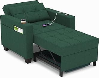 DURASPACE 36.6 Inch Sleeper Chair 3-in-1 Convertible Chair Bed Pull Out Sleeper Chair Beds Adjustable Single Armchair Sofa Bed with USB Ports, Side Pocket, Cup Holder (Forest Green Linen)